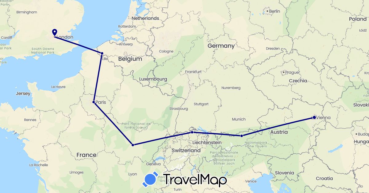 TravelMap itinerary: driving in Austria, Belgium, Switzerland, France, United Kingdom (Europe)
